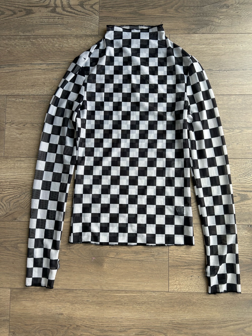 Checkerboard Long Sleeve Mock Neck Mesh Layering Tee